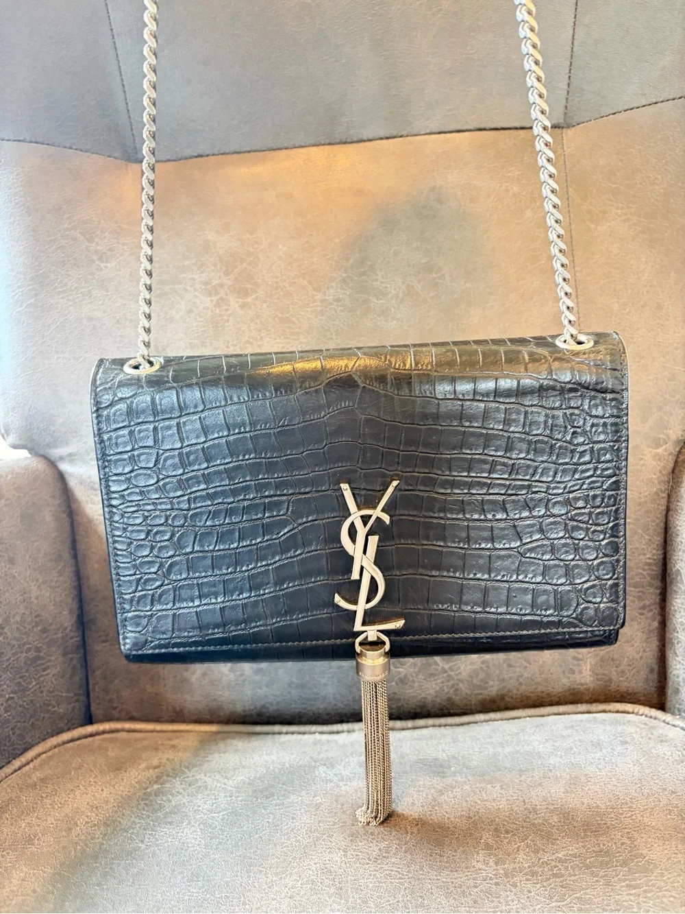 Saint Laurent Black Croc-Embossed Tassel Chain Shoulder Bag